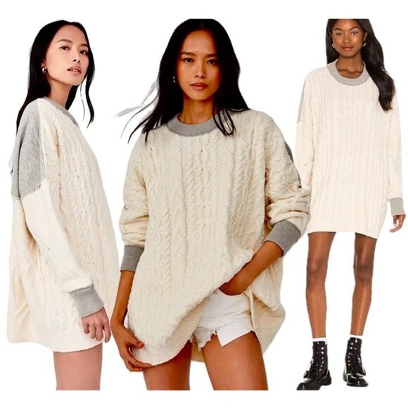 Free People Cream & Gray Mixed Media Olympia Cableknit Sweater Tunic Oversized - Picture 2 of 12